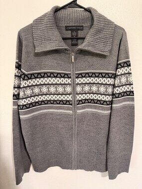 Josephine Chaus Full Zip Sweater Gray Fair Isle Womans XL